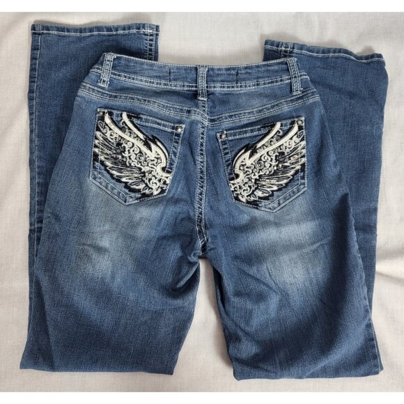 (2) Rockin Denim Jeans Womens (6) Bootcut Stretch Cowgirl Wing Embroidery Bling - Picture 9 of 15